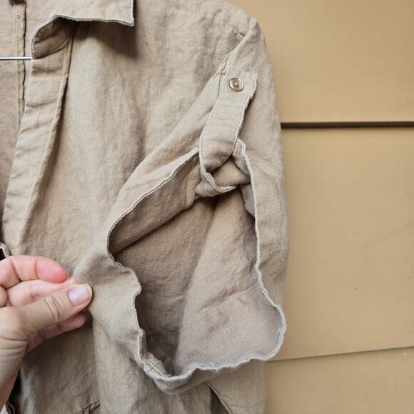 Chico’s Size 2.5, US 14 Linen Short Sleeve Roll Tab Dolman Midi Dress Beige - Picture 9 of 11